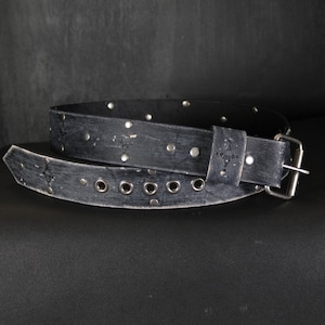 Skull Leather Belt for Men. Distressed.  2 inches wide. BLACK