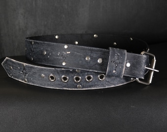 Skull Leather Belt for Men. Distressed.  2 inches wide. BLACK