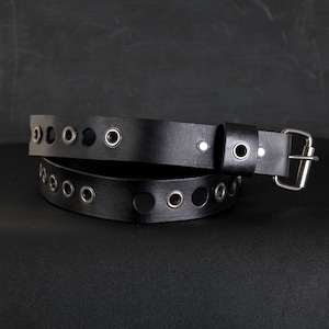 Grommets 1.5” Wide Leather Belt. Hole Design. Black