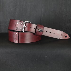 Custom Leather Guitar Strap. SKULL. Adjustable BUCKLE. 2.5” Wide..Antique Mahogany