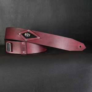 Skull Leather Guitar Strap. Custom Diamond Patch. 2.5” wide. Antique Mahogany