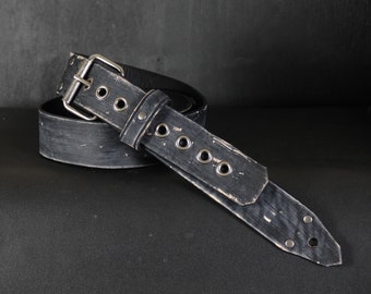 Buckle Leather Guitar Strap. Distressed Studs Design. 2 inches Wide. BLACK