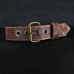 Aged Leather Dog Collar. 1.5” Wide. Studs & Grommets. Light Brown