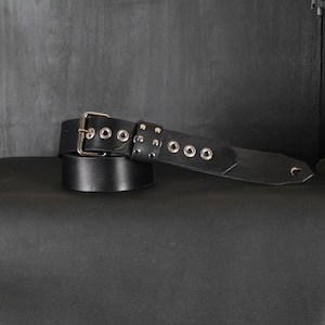 Rocker Style Buckle Leather Guitar Strap. 2” wide. Black & Chrome