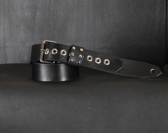 Rocker Style Buckle Leather Guitar Strap. 2” wide. Black & Chrome