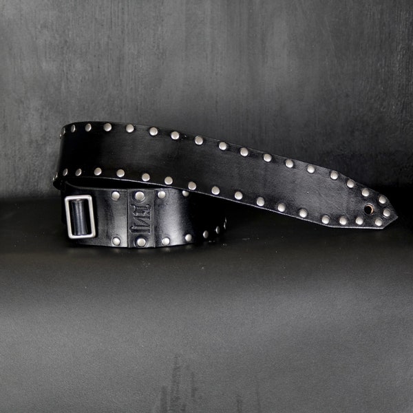 Custom Leather Guitar Strap STUDDED. Adjustable. 2.5" Wide..BLACK