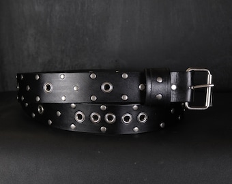 Studded Grommets Leather Belt. 2 inches Wide. Black