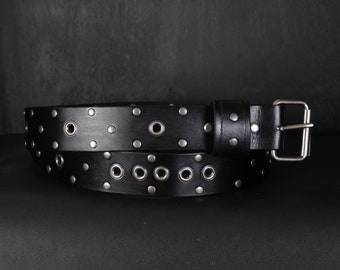 Studded Grommets Leather Belt. 2 inches Wide. Black