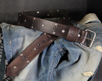 Skull and Stud Design. 2 Inches Wide Leather Belt. Antique Black