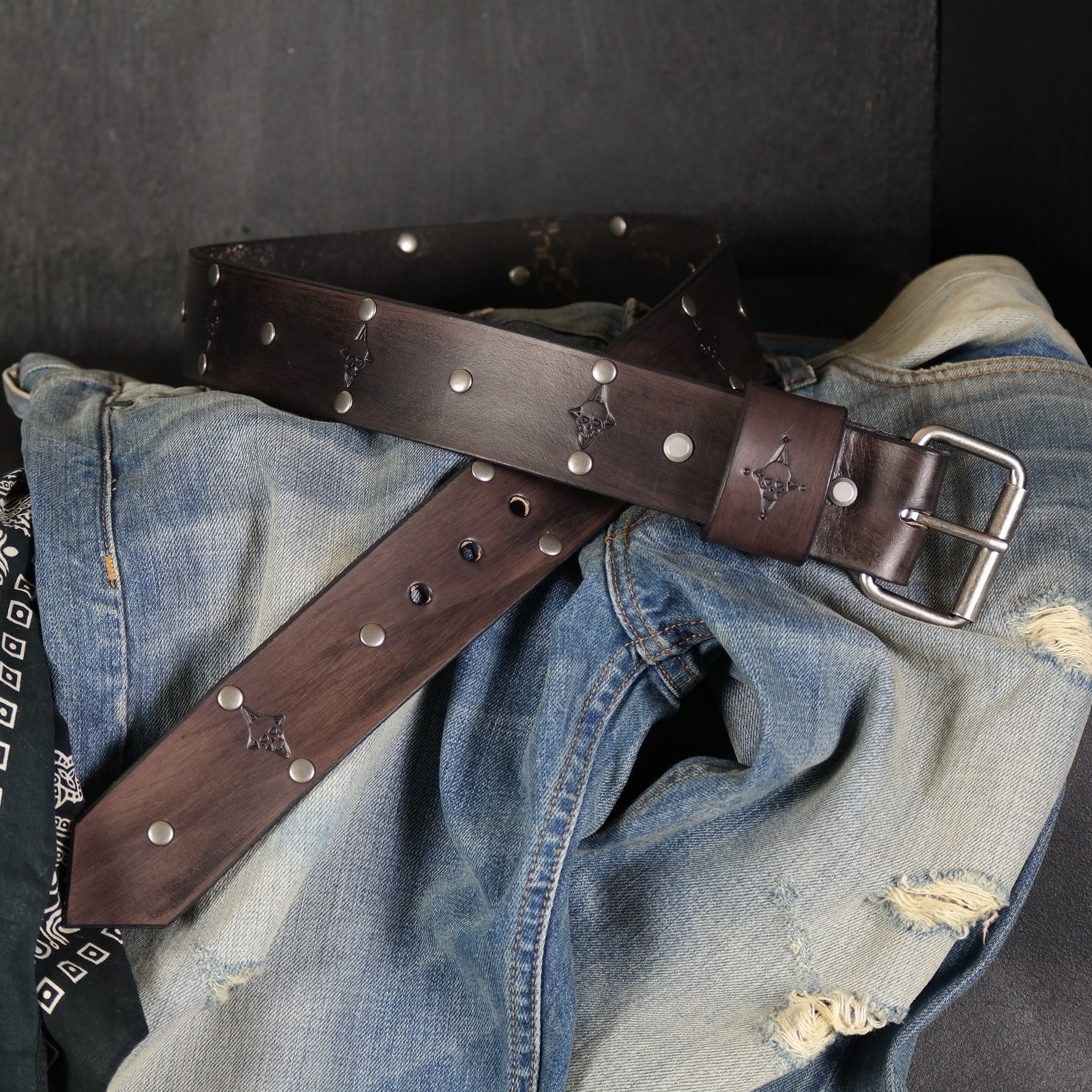 Skull and Stud Design. 2 Inches Wide Leather Belt. Antique