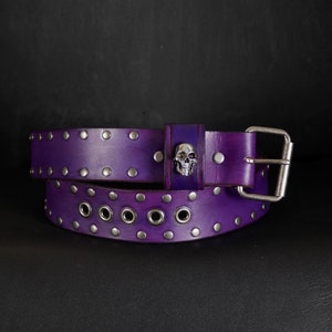 2 inches wide. Studded Leather Belt. Skull. Violet