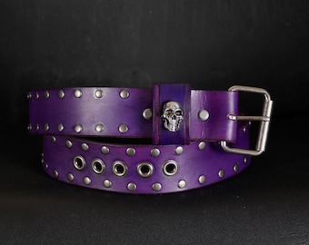 2 inches wide. Studded Leather Belt. Skull. Violet