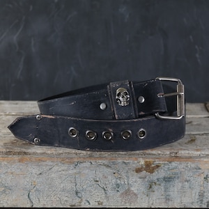 Aged Leather Belt for men. Skull Loop Design. 2 inches wide. BLACK