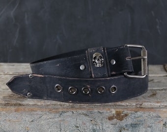 Aged Leather Belt for men. Skull Loop Design. 2 inches wide. BLACK