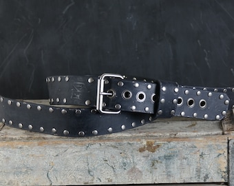 Aged Studded Leather Guitar Strap. 2 inches Wide. Adjustable buckle. Aged Black