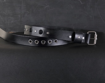 Rocker Leather Belt. Studs & Holes design. 1.5” Wide. Black