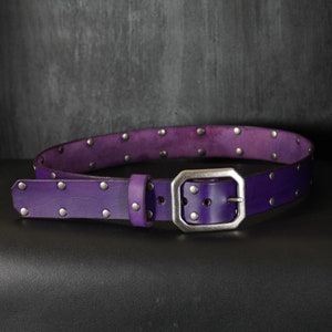 1 3/4 inches Studded Leather Belt. Big Buckle Design. Violet