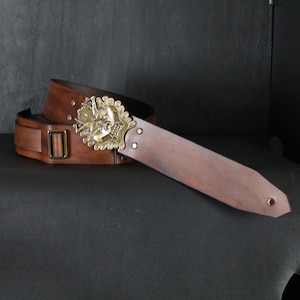 Custom Leather Guitar Strap. Japanese DEMON Buckle. 2.5” wide. Antique BROWN
