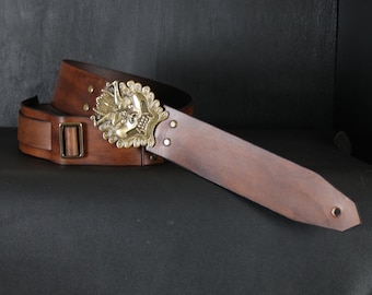 Custom Leather Guitar Strap. Japanese DEMON Buckle. 2.5” wide. Antique BROWN