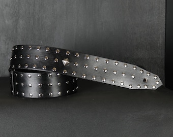 Studded Custom Leather Guitar Strap. Handmade. 2.5" Wide..BLACK & Chrome