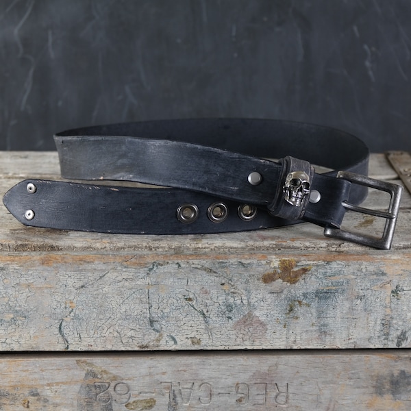Custom Skull Leather Belt. Distressed. Rocker Style. 1.5” Wide. Black