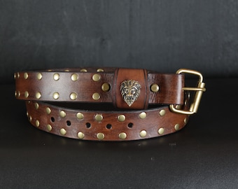Studded Leather Belt for men. Lion head. 1.5” wide. Antique Brown