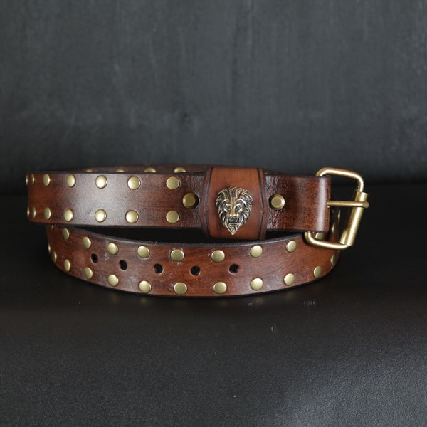 Studded Leather Belt for men. Lion head. 1.5” wide. Antique Brown