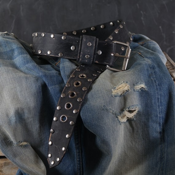 Aged Leather Belt. Studded Loop Design. 2 Inches Wide. BLACK