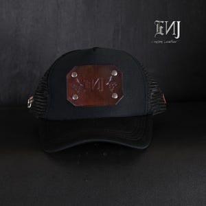 Leather Patch. Trucker Hat. Skull Design. Brown on Black