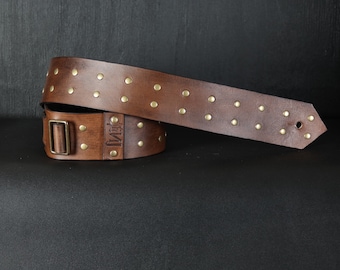 Studded Leather Guitar Strap. Handmade. 2.5" Wide.  Antique Brown