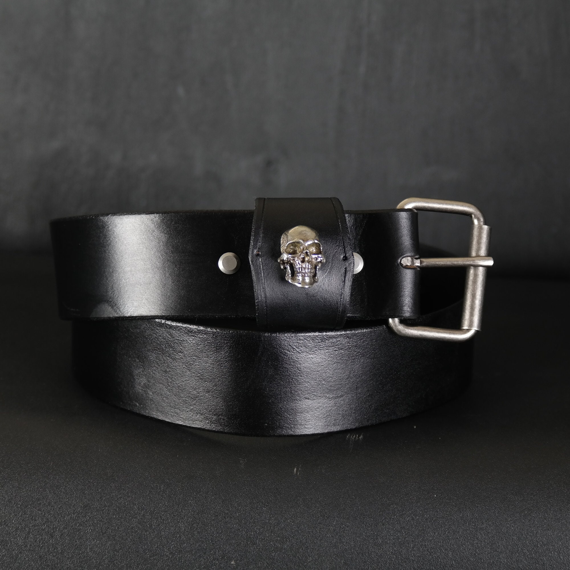 2 inches Wide. Skull Leather Belt. Rocker. Black & Antique Nickel