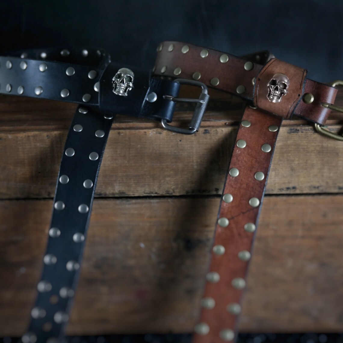 Custom Studded Leather Belt. Handmade..with Skull. 1.5 wide. Etsy