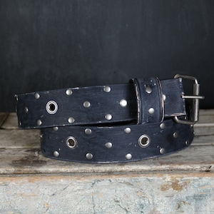 Aged Leather Belt. Grommets Studs Design. 2 inches wide. BLACK