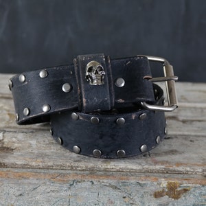 Aged Leather Belt  Studded. Skull Loop Design. 2 inches wide. BLACK