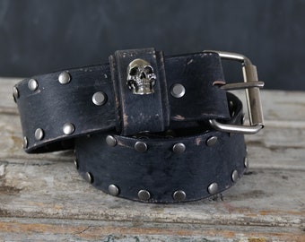 Aged Leather Belt  Studded. Skull Loop Design. 2 inches wide. BLACK