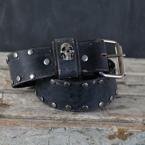 Aged Leather Belt Studded. Skull Loop Design. 2 Inches Wide