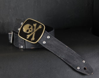 Skull Buckle Aged Leather Guitar Strap. 1 3/4 inches Wide. BLACK