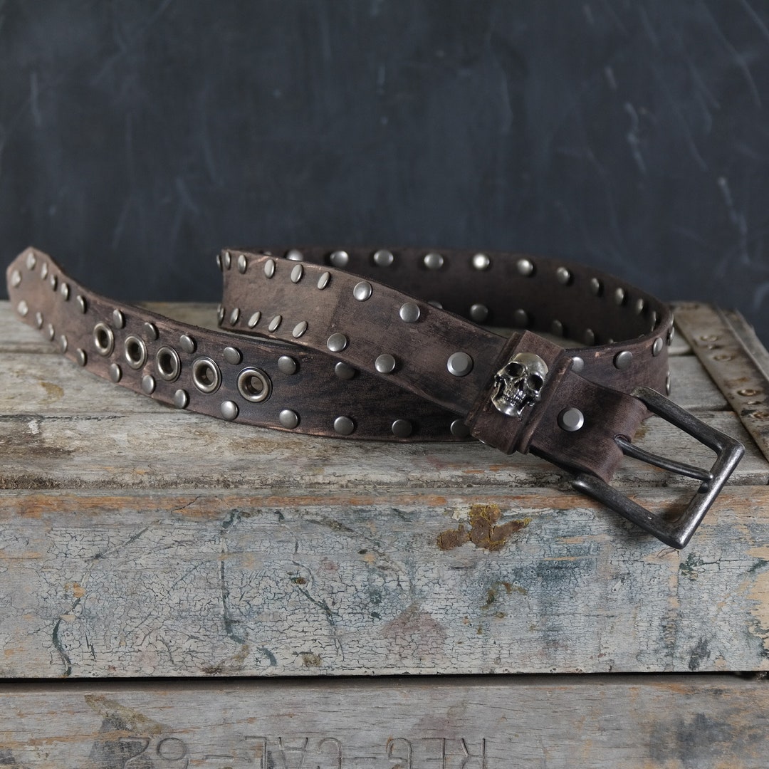 Distressed Leather Belt Studded. Skull Loop Design. 1.5 Distressed Leather Belt Studded. Skull Loop Design. 1.5