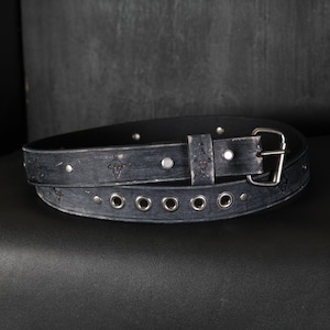 Skull Design. Aged Leather Belt. Studded. 1.5 inches Wide. BLACK