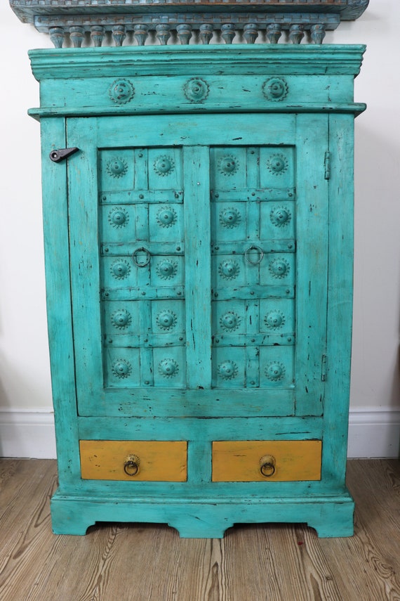 Small Cupboard Upcycled in Traditional Indian Turquoise Style Etsy
