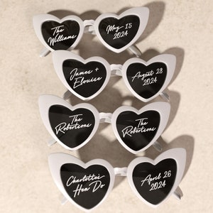 Personalised Wedding Sunglasses Props in Heart Shape with surname and date for Guest Photo Booth Memento Birthday Hen Do