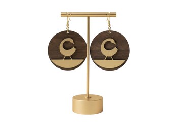 Pendientes Sankofa Bird, joyería de técnica mixta en madera de nogal y cuero genuino, pendientes artesanales de estilo afrocentrista.
