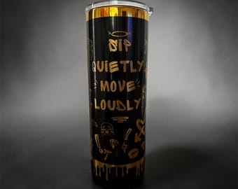 Personalized Skinny Tumbler 20 oz, Custom Name Gift, Black Gold Graffiti Statement Cup, Bold Quote Stainless Steel Tumbler, Gift for Her