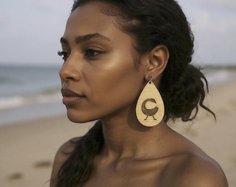 Pendientes Sankofa de madera de abedul, pendientes colgantes de madera natural grabados con láser, joyería Art Déco afrocéntrica.
