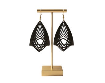 Black Leather Statement Earrings, 3D Sculpted Dangle, Handmade Boho Jewelry
