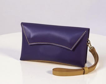Cartera de mano de cuero hecha a mano, bolso de mano de piel de vaca auténtica en morado y naranja, cartera de cuero única para mujer.