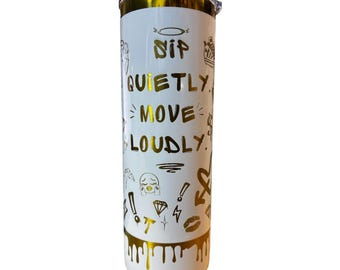 Personalized Skinny Tumbler 20 oz, Custom Name Gift, White Gold Graffiti Statement Cup, Bold Quote Stainless Steel Tumbler, Gift for Her