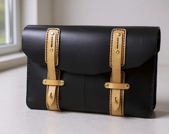 Maletín portafolio de cuero negro personalizado, portadocumentos y funda para portátil cosidos a mano, regalo profesional personalizado.