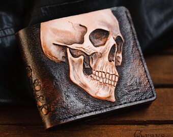 Custom Cowboy Skull Concho on a Brown Harness Leather Flip ID Bi-fold Wallet Proudly made in the USA. 