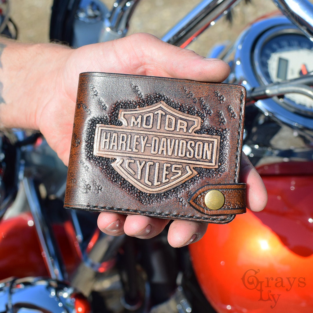 Harley Davidson Biker Hand tooled leather Men wallet carved Etsy